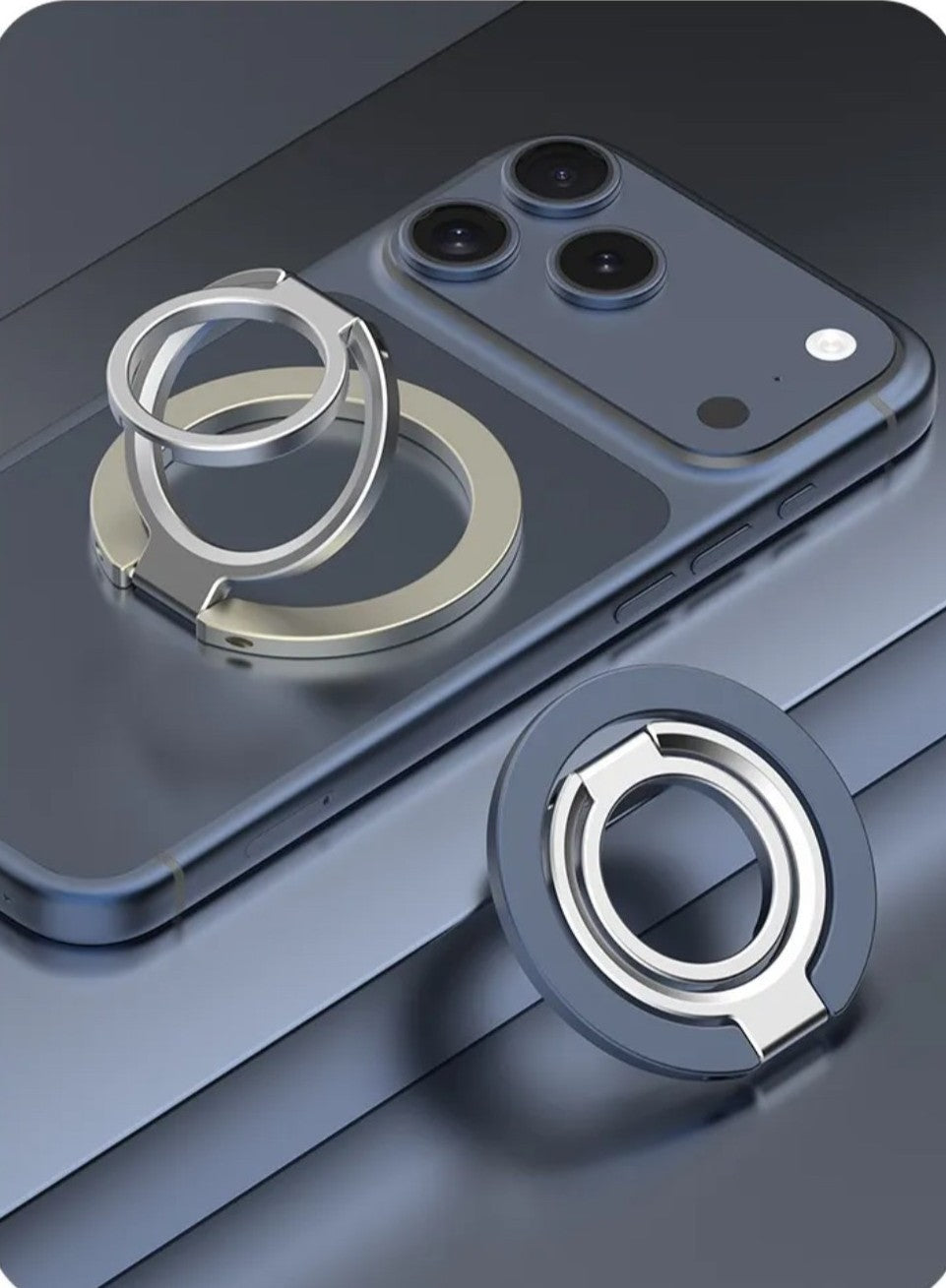 Kickform Grip in Dark Blue on phone with Silver grip